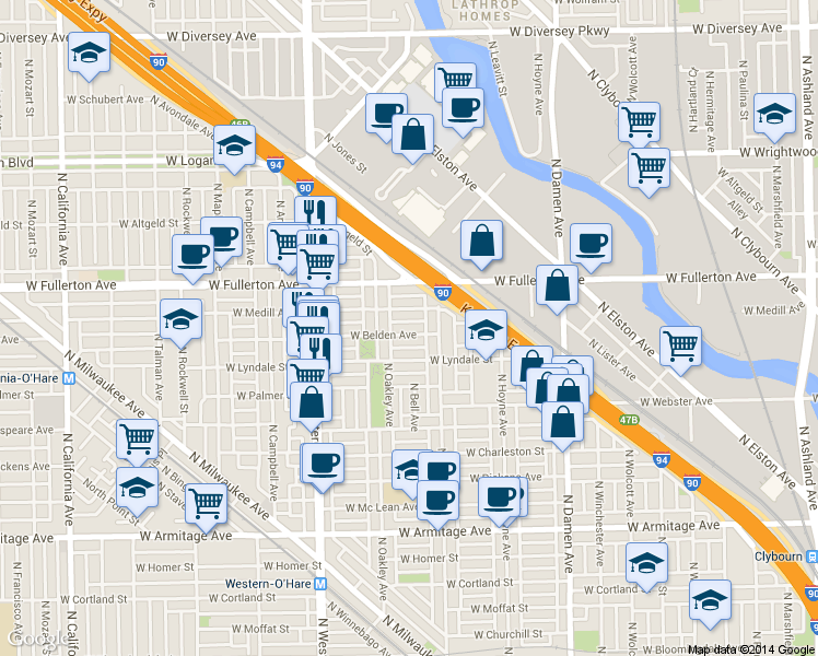 map of restaurants, bars, coffee shops, grocery stores, and more near 2232 West Belden Avenue in Chicago