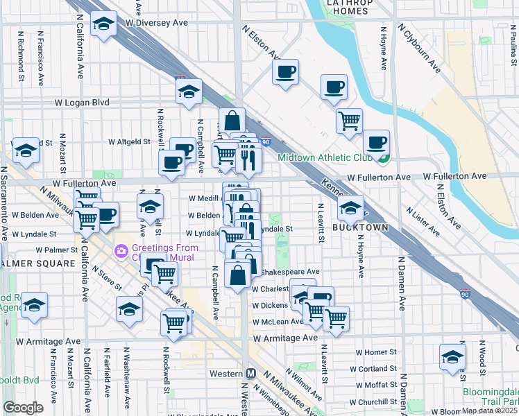 map of restaurants, bars, coffee shops, grocery stores, and more near 2346 West Belden Avenue in Chicago