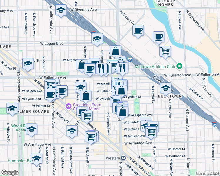 map of restaurants, bars, coffee shops, grocery stores, and more near 2420 West Belden Avenue in Chicago