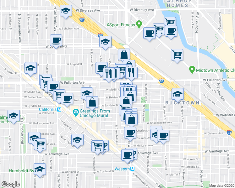 map of restaurants, bars, coffee shops, grocery stores, and more near 2420 West Belden Avenue in Chicago