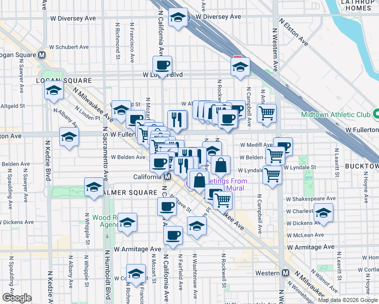 map of restaurants, bars, coffee shops, grocery stores, and more near 2641 West Medill Avenue in Chicago