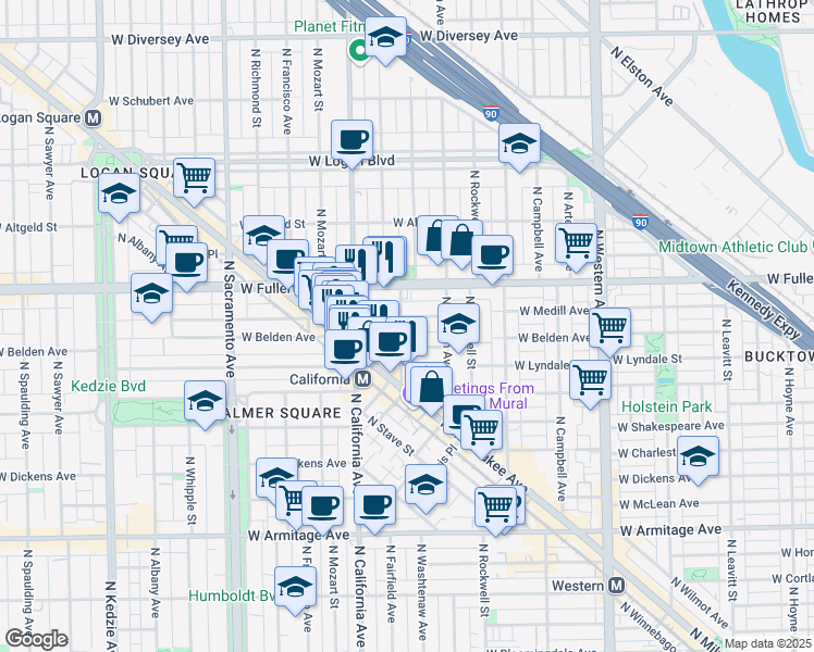 map of restaurants, bars, coffee shops, grocery stores, and more near 2707 West Medill Avenue in Chicago