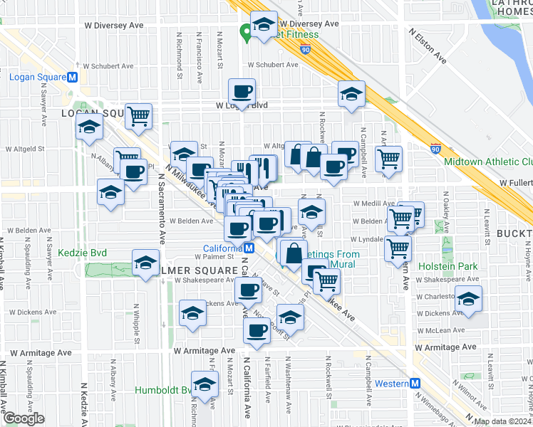 map of restaurants, bars, coffee shops, grocery stores, and more near 2707 West Medill Avenue in Chicago
