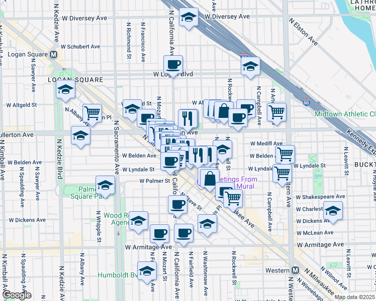 map of restaurants, bars, coffee shops, grocery stores, and more near 2707 West Medill Avenue in Chicago