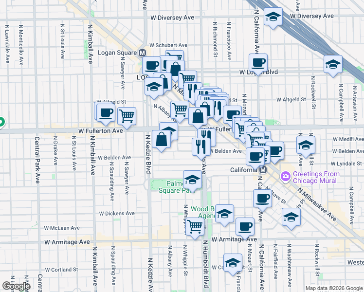 map of restaurants, bars, coffee shops, grocery stores, and more near 3030 West Belden Avenue in Chicago