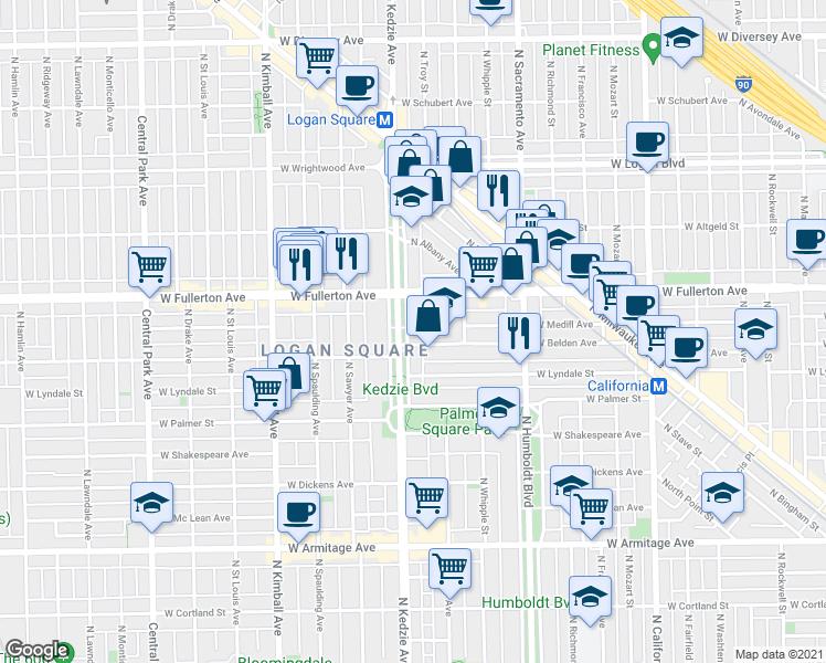 map of restaurants, bars, coffee shops, grocery stores, and more near 2315 North Kedzie Boulevard in Chicago