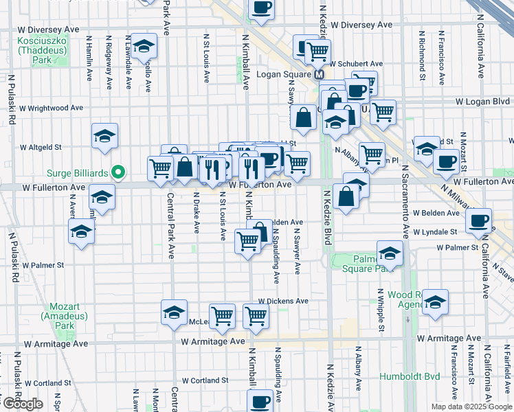 map of restaurants, bars, coffee shops, grocery stores, and more near 2322 North Spaulding Avenue in Chicago