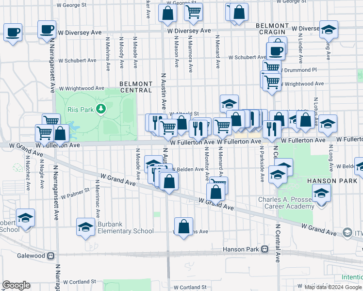 map of restaurants, bars, coffee shops, grocery stores, and more near 5915 West Fullerton Avenue in Chicago