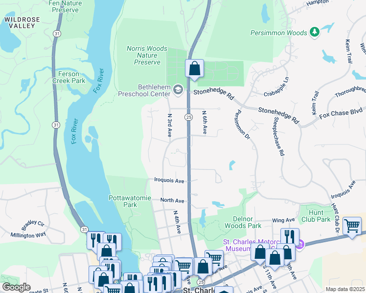 map of restaurants, bars, coffee shops, grocery stores, and more near 975 North 5th Avenue in St. Charles