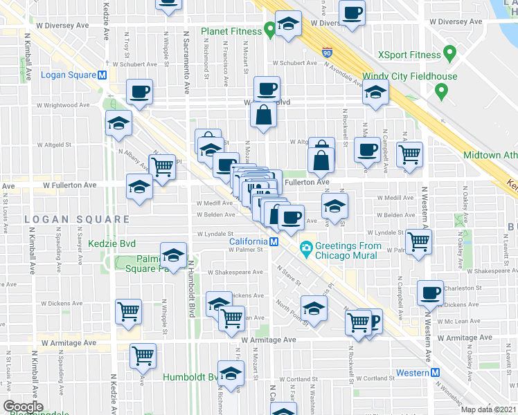 map of restaurants, bars, coffee shops, grocery stores, and more near 2321 North Milwaukee Avenue in Chicago