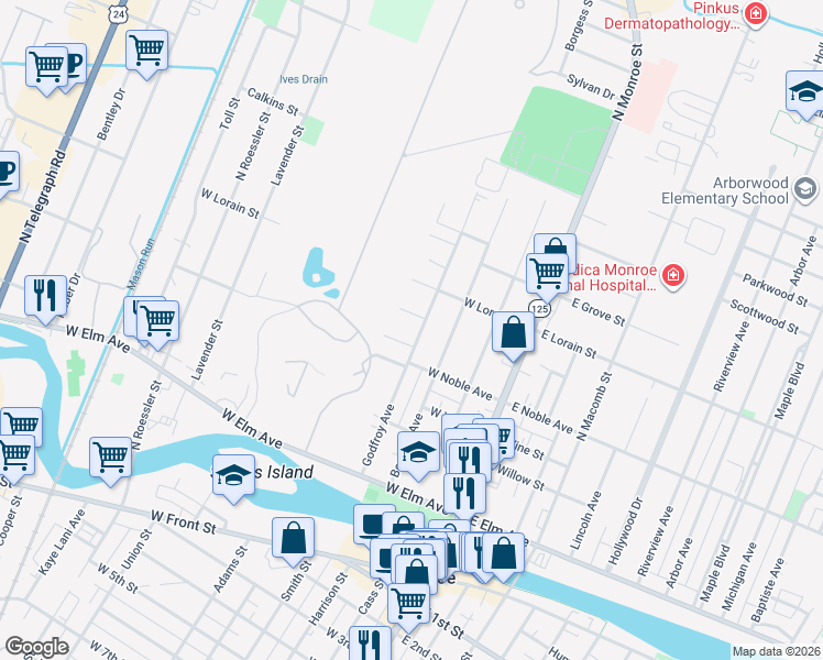 map of restaurants, bars, coffee shops, grocery stores, and more near 316 College Place in Monroe