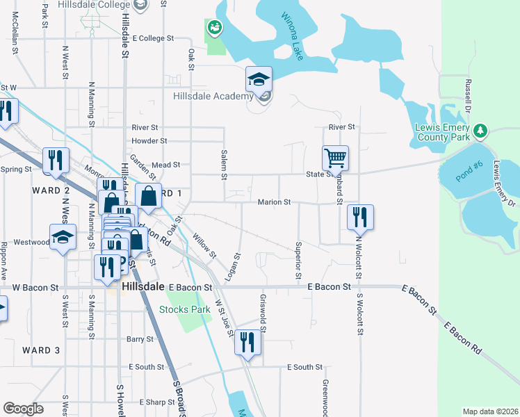 map of restaurants, bars, coffee shops, grocery stores, and more near 68 Logan Street in Hillsdale