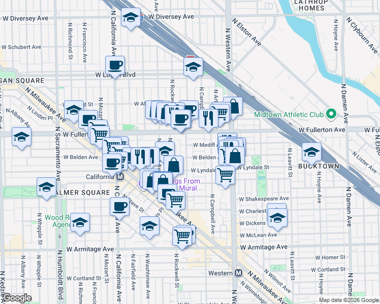 map of restaurants, bars, coffee shops, grocery stores, and more near 2306 North Maplewood Avenue in Chicago