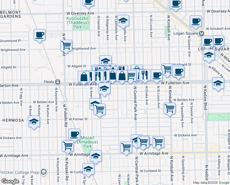 map of restaurants, bars, coffee shops, grocery stores, and more near 2327 North Ridgeway Avenue in Chicago