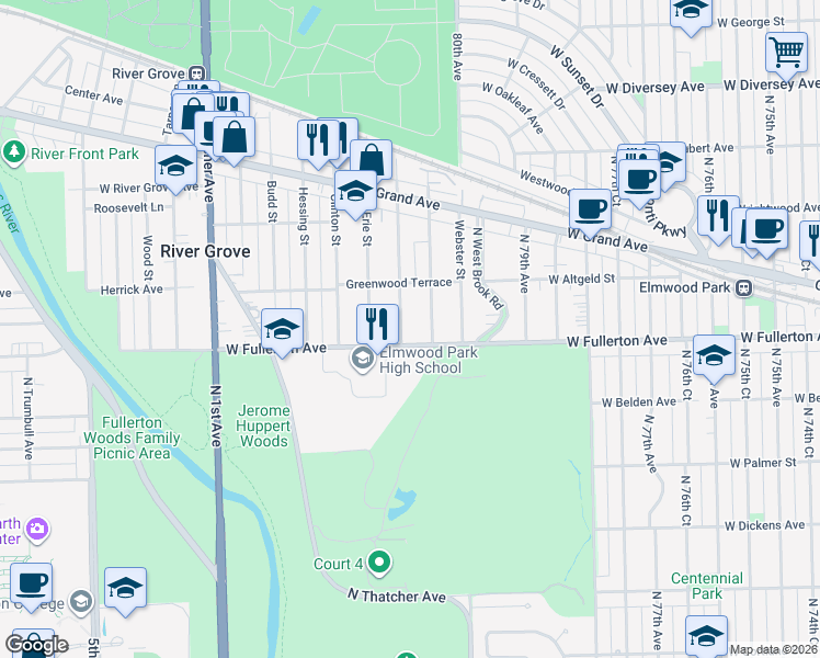 map of restaurants, bars, coffee shops, grocery stores, and more near 2409 Davisson Street in River Grove