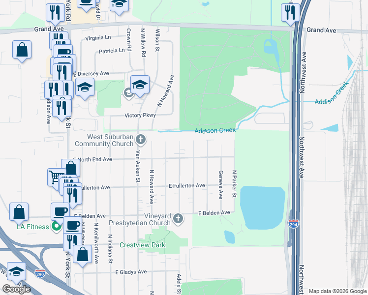 map of restaurants, bars, coffee shops, grocery stores, and more near 831 Adele Street in Elmhurst