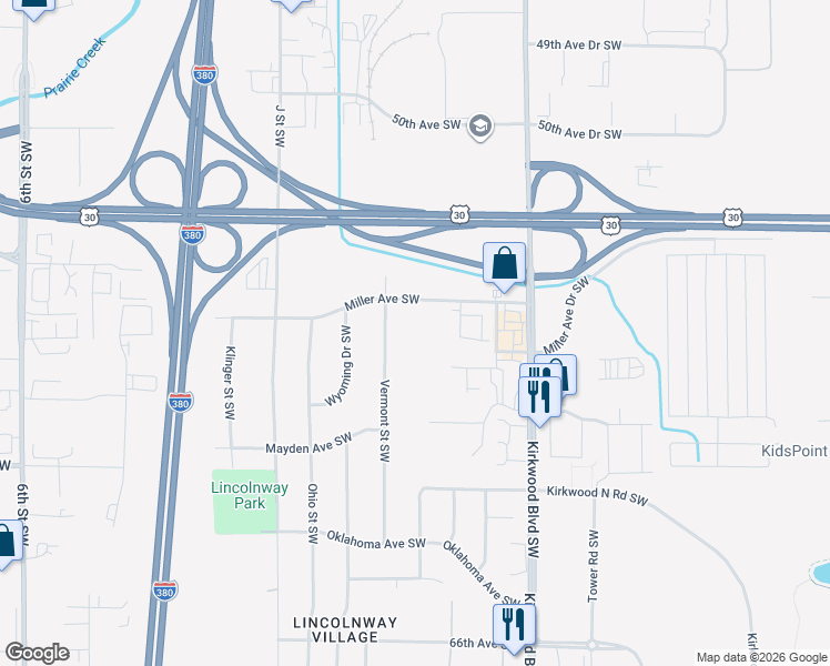 map of restaurants, bars, coffee shops, grocery stores, and more near 75 Miller Avenue Southwest in Cedar Rapids