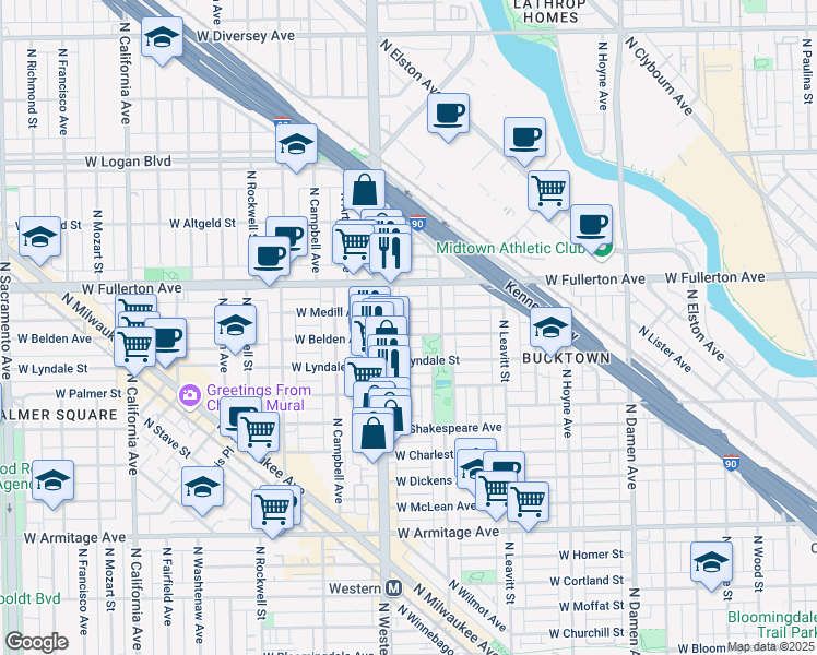 map of restaurants, bars, coffee shops, grocery stores, and more near 2346 West Belden Avenue in Chicago