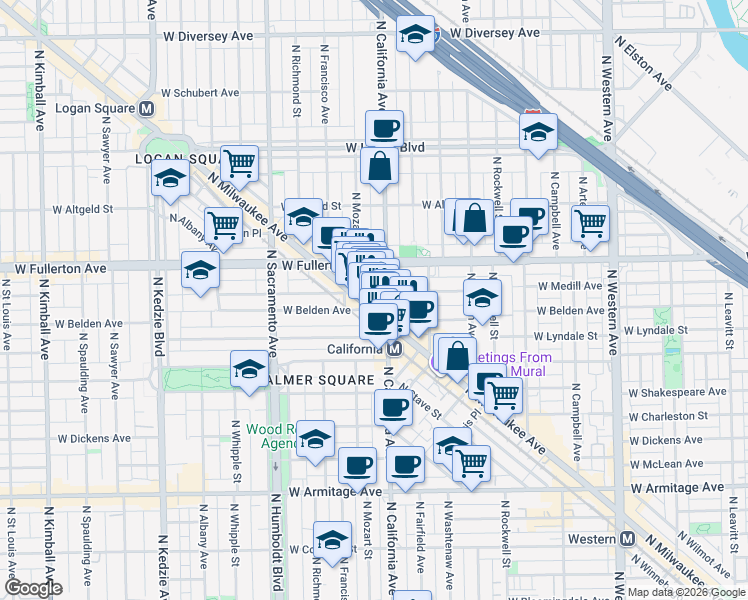 map of restaurants, bars, coffee shops, grocery stores, and more near 2321 North Milwaukee Avenue in Chicago