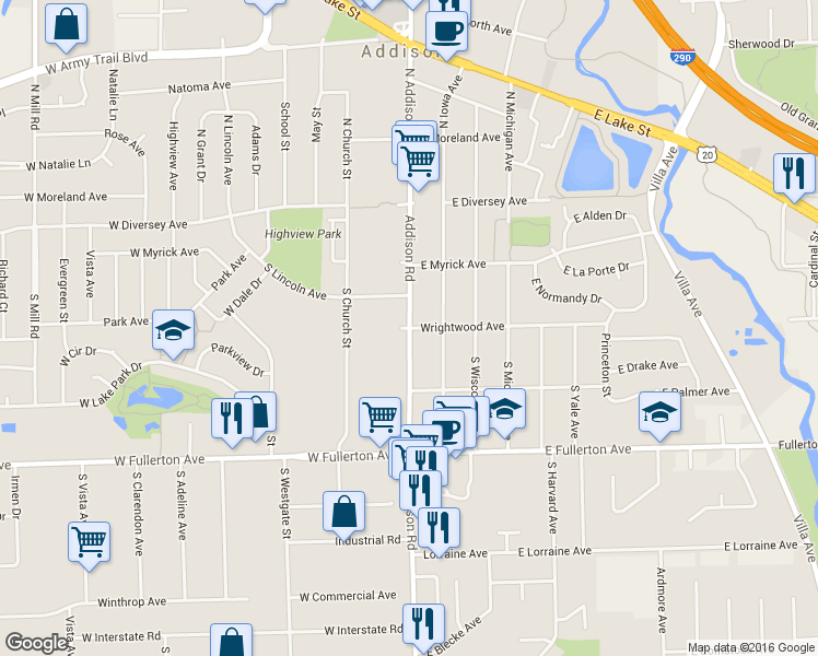 map of restaurants, bars, coffee shops, grocery stores, and more near 198 North Addison Road in Addison