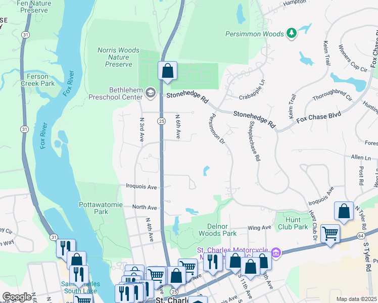 map of restaurants, bars, coffee shops, grocery stores, and more near 611 Allen Lane in St. Charles