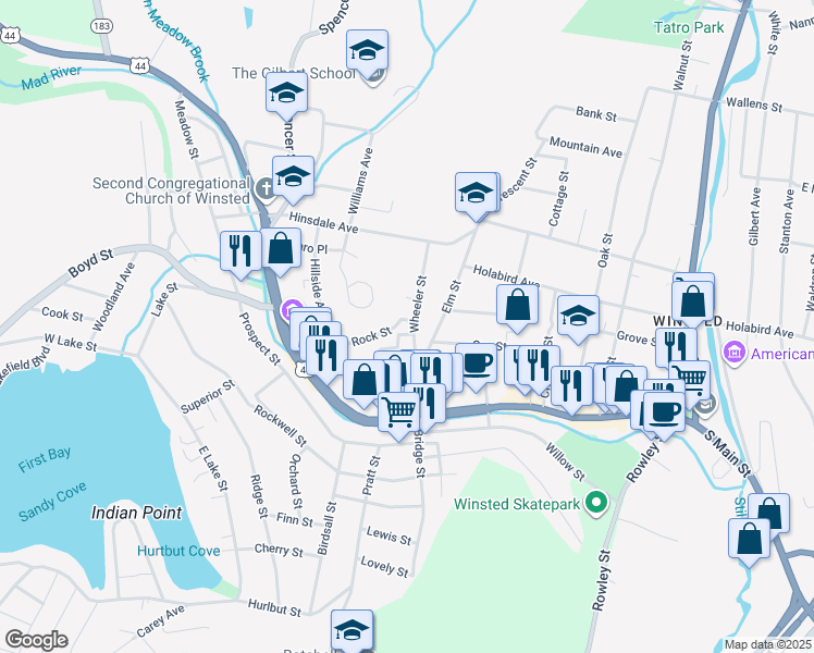 map of restaurants, bars, coffee shops, grocery stores, and more near 33 Wheeler Street in Winsted