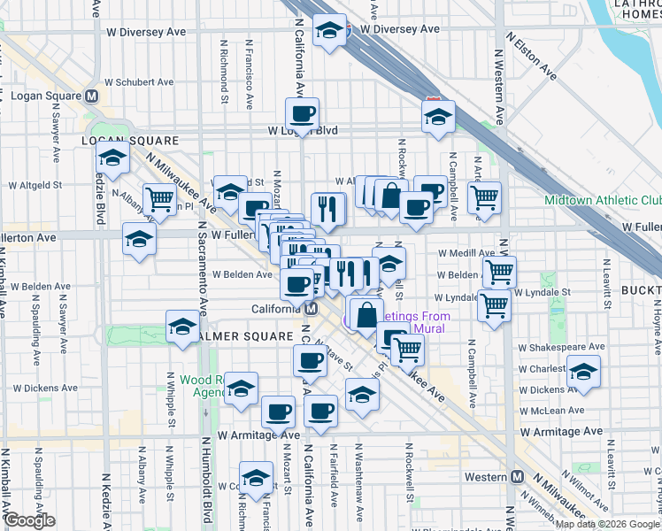map of restaurants, bars, coffee shops, grocery stores, and more near 2707 West Medill Avenue in Chicago