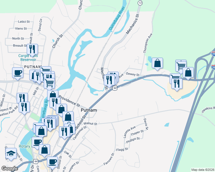 map of restaurants, bars, coffee shops, grocery stores, and more near 21 Mechanics Street in Putnam