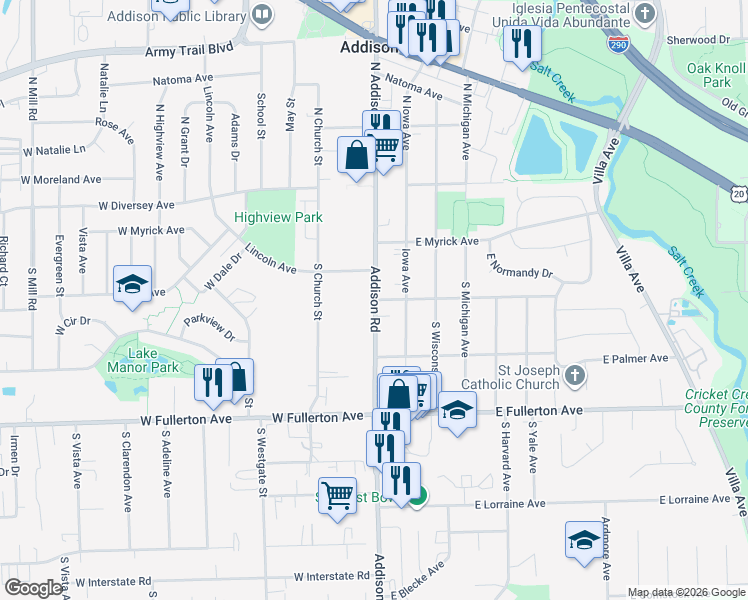 map of restaurants, bars, coffee shops, grocery stores, and more near 205 Addison Road in Addison