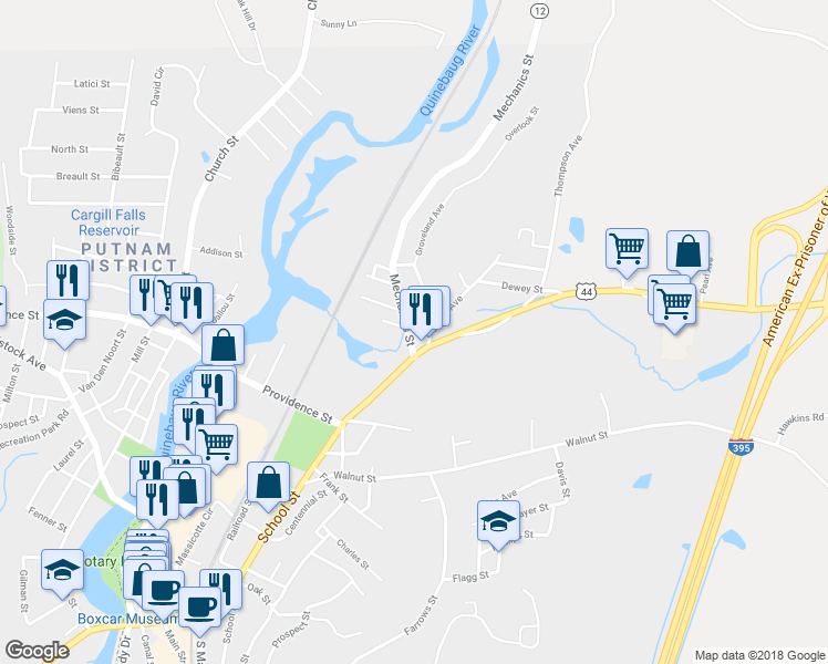 map of restaurants, bars, coffee shops, grocery stores, and more near 21 Mechanics Street in Putnam