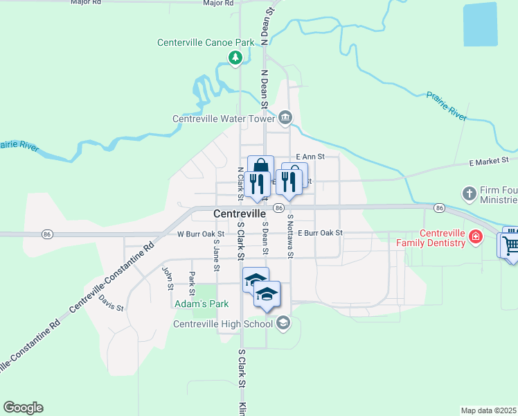 map of restaurants, bars, coffee shops, grocery stores, and more near 125 West Main Street in Centreville