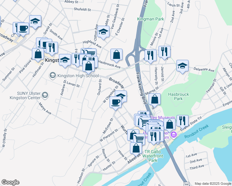 map of restaurants, bars, coffee shops, grocery stores, and more near 30 West Chestnut Street in Kingston