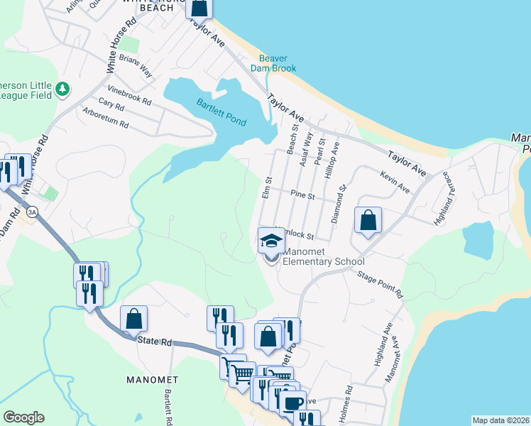 map of restaurants, bars, coffee shops, grocery stores, and more near 50 Elm Street in Plymouth