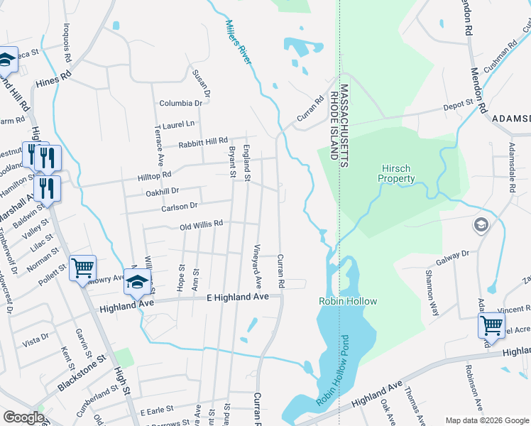 map of restaurants, bars, coffee shops, grocery stores, and more near 78 Vineyard Avenue in Cumberland