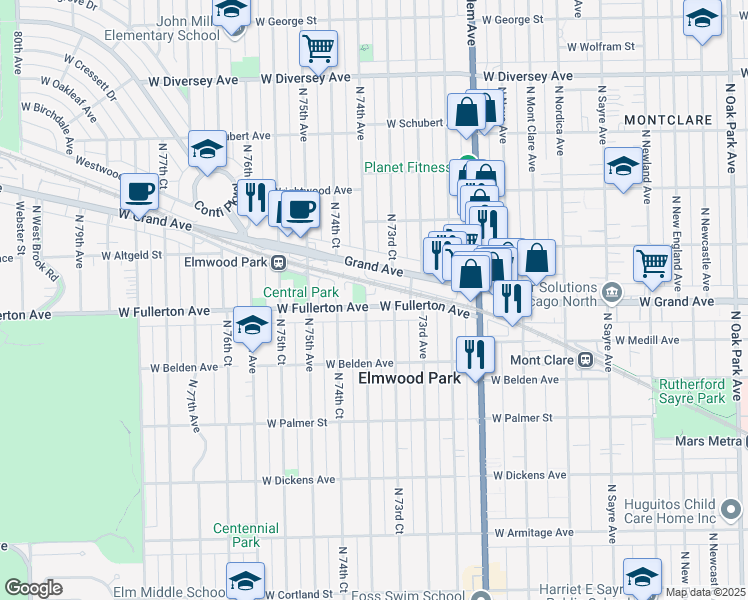 map of restaurants, bars, coffee shops, grocery stores, and more near in Elmwood Park