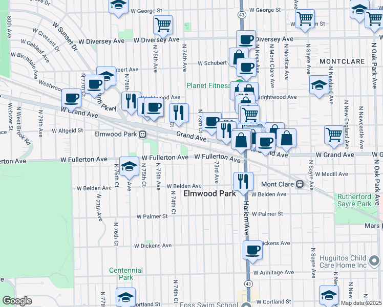 map of restaurants, bars, coffee shops, grocery stores, and more near in Elmwood Park