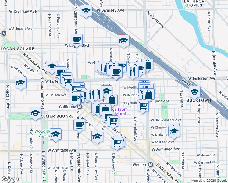 map of restaurants, bars, coffee shops, grocery stores, and more near 2306 North Maplewood Avenue in Chicago