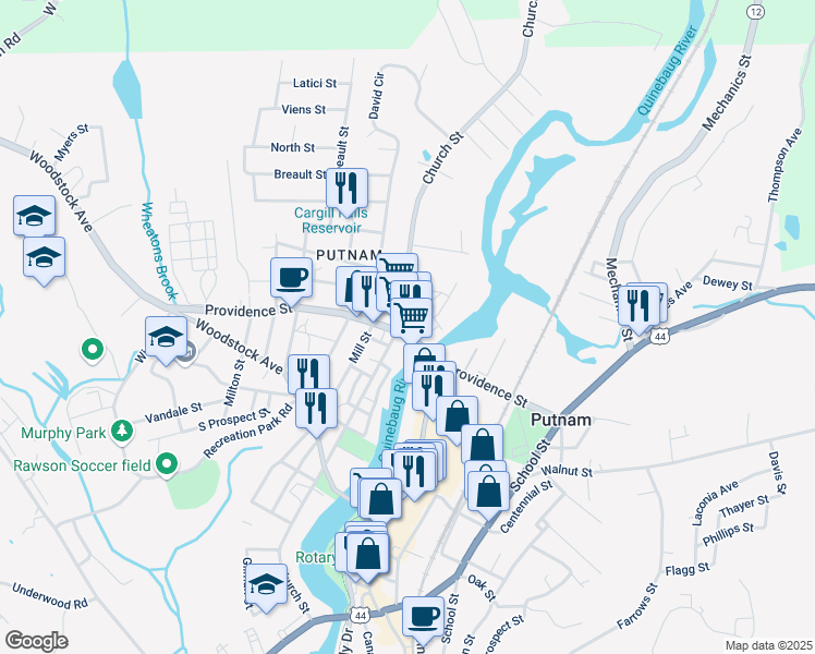 map of restaurants, bars, coffee shops, grocery stores, and more near 155 Connecticut 171 in Putnam