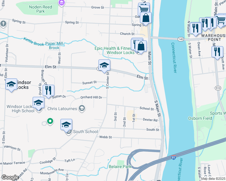 map of restaurants, bars, coffee shops, grocery stores, and more near 24 South Center Street in Windsor Locks