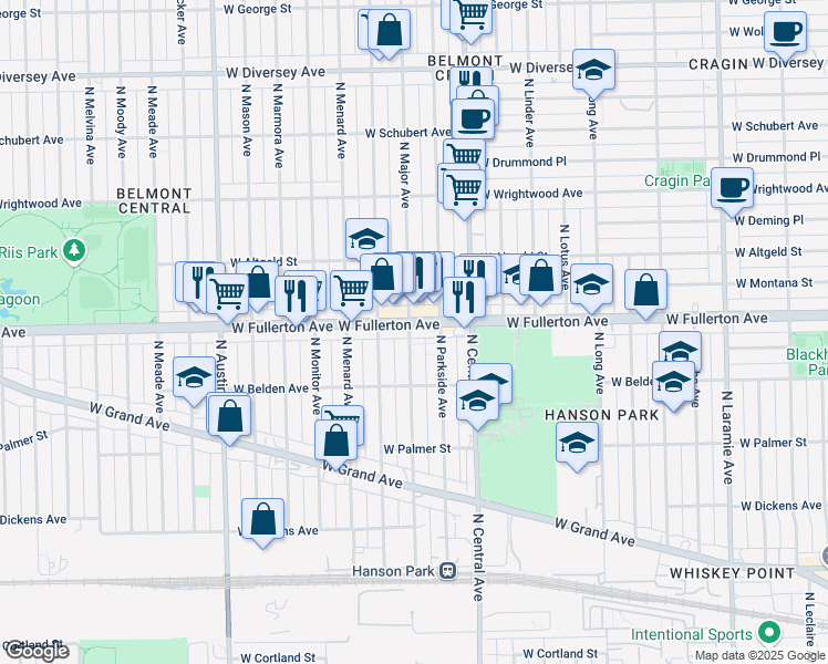 map of restaurants, bars, coffee shops, grocery stores, and more near 2343 North Major Avenue in Chicago