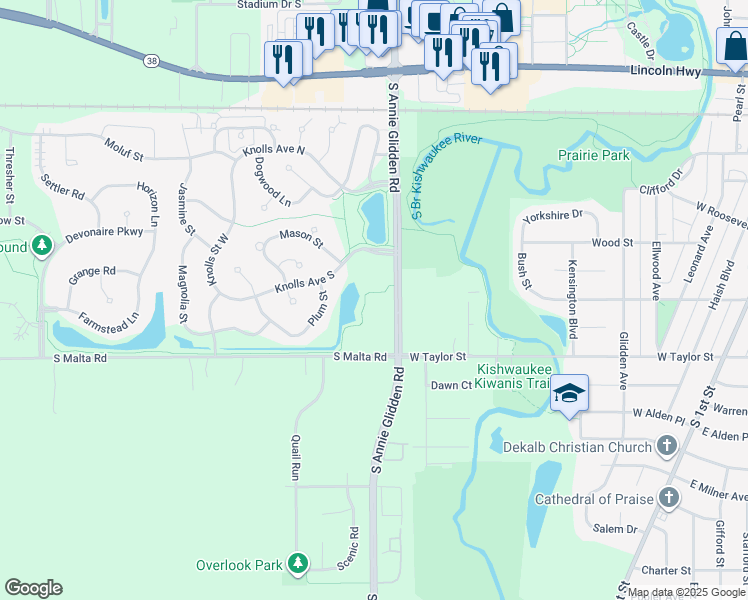 map of restaurants, bars, coffee shops, grocery stores, and more near 649 South Annie Glidden Road in DeKalb