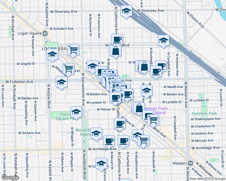 map of restaurants, bars, coffee shops, grocery stores, and more near 2318 North California Avenue in Chicago
