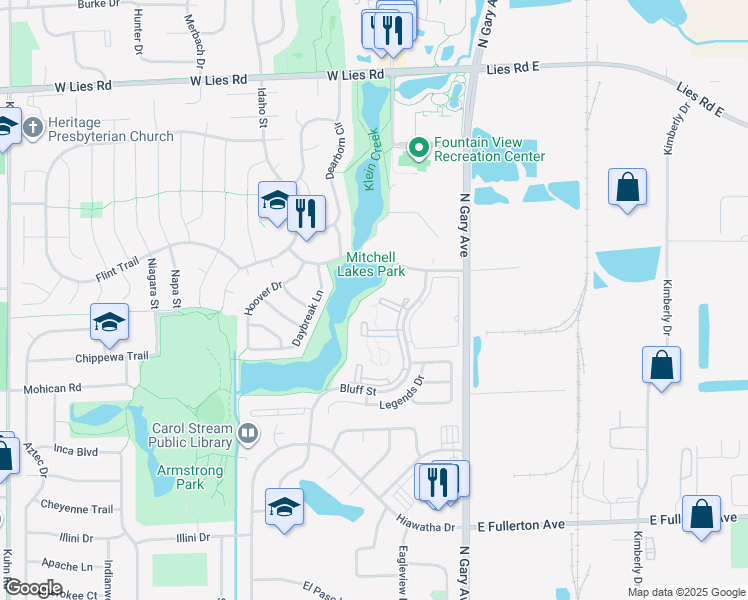 map of restaurants, bars, coffee shops, grocery stores, and more near 756 Bluff Street in Carol Stream
