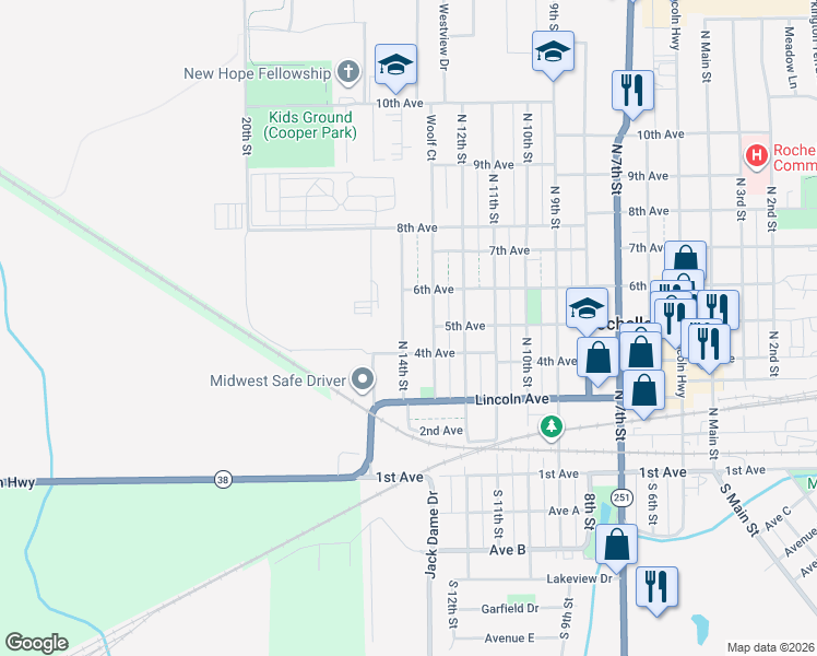 map of restaurants, bars, coffee shops, grocery stores, and more near 419 North 14th Street in Rochelle