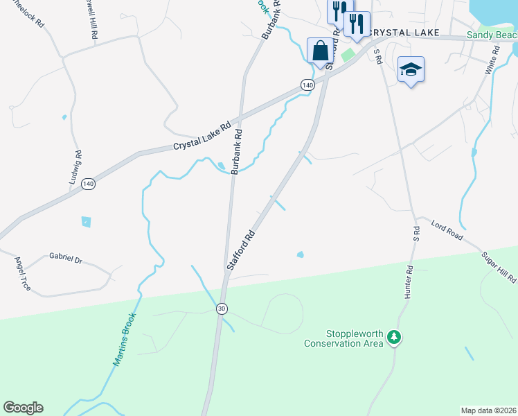 map of restaurants, bars, coffee shops, grocery stores, and more near 25 Stafford Road in Ellington