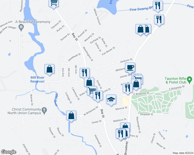 map of restaurants, bars, coffee shops, grocery stores, and more near 29 Smith Street in Taunton