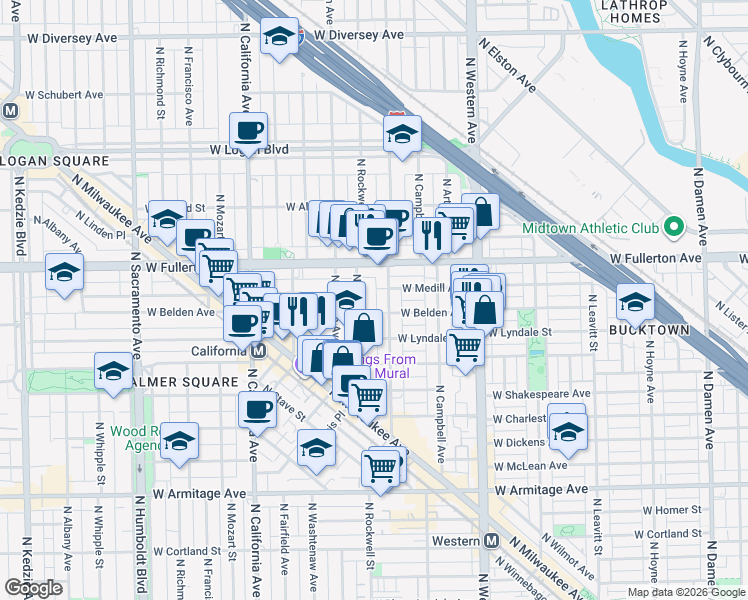 map of restaurants, bars, coffee shops, grocery stores, and more near 2306 North Maplewood Avenue in Chicago