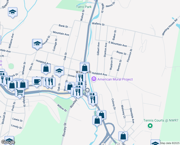 map of restaurants, bars, coffee shops, grocery stores, and more near in Winsted