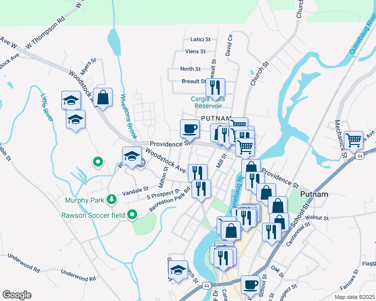 map of restaurants, bars, coffee shops, grocery stores, and more near 26 Marshall Street in Putnam