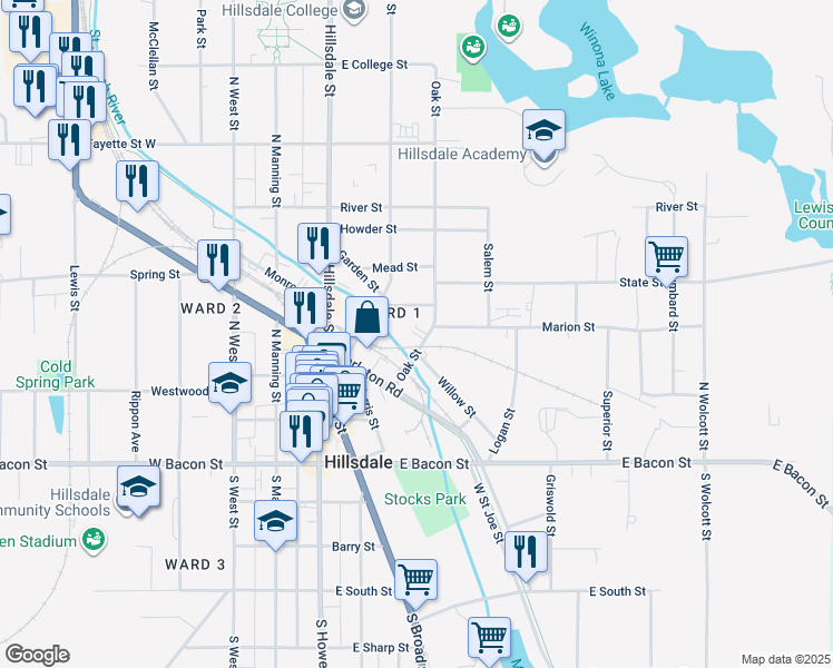 map of restaurants, bars, coffee shops, grocery stores, and more near 32 Oak Street in Hillsdale